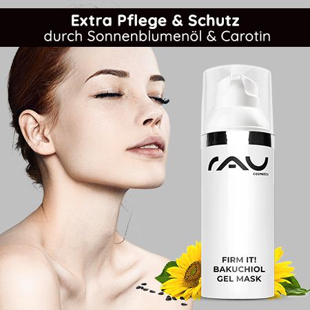 Weiße Flasche mit schwarzem Aufdruck. Text: Firm it! Bakuchiol Gel Mask. Sonnenblume.