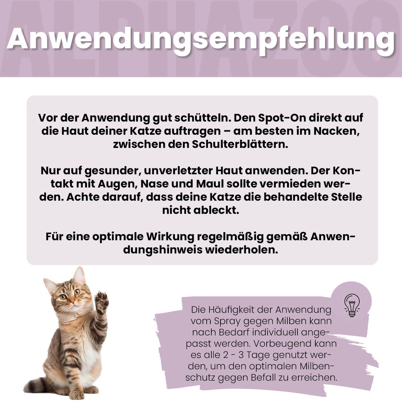 Text: Anwendungsempfehlung. Vor der Anwendung gut schütteln. Spot-On direkt auf die Haut deiner Katze auftragen.