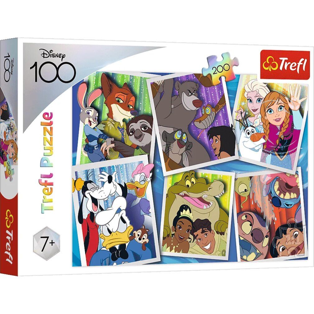Puzzle-Verpackung, Disney-Figuren, Trefl Puzzle, 200 Teile, Logo Disney 100 Jahre, ab 7 Jahren.