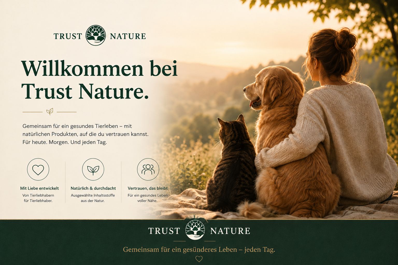 Frau mit Hund und Katze in Natur, Trust Nature Logo.