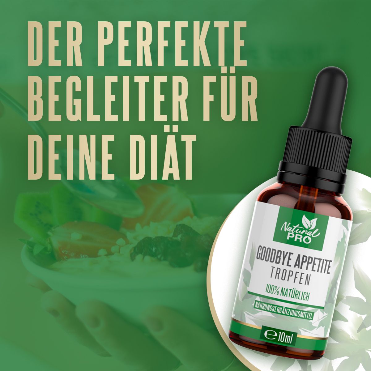 Braune Flasche mit Tropfer. Etikett mit Produktname und Logo. Hintergrund mit Essen.