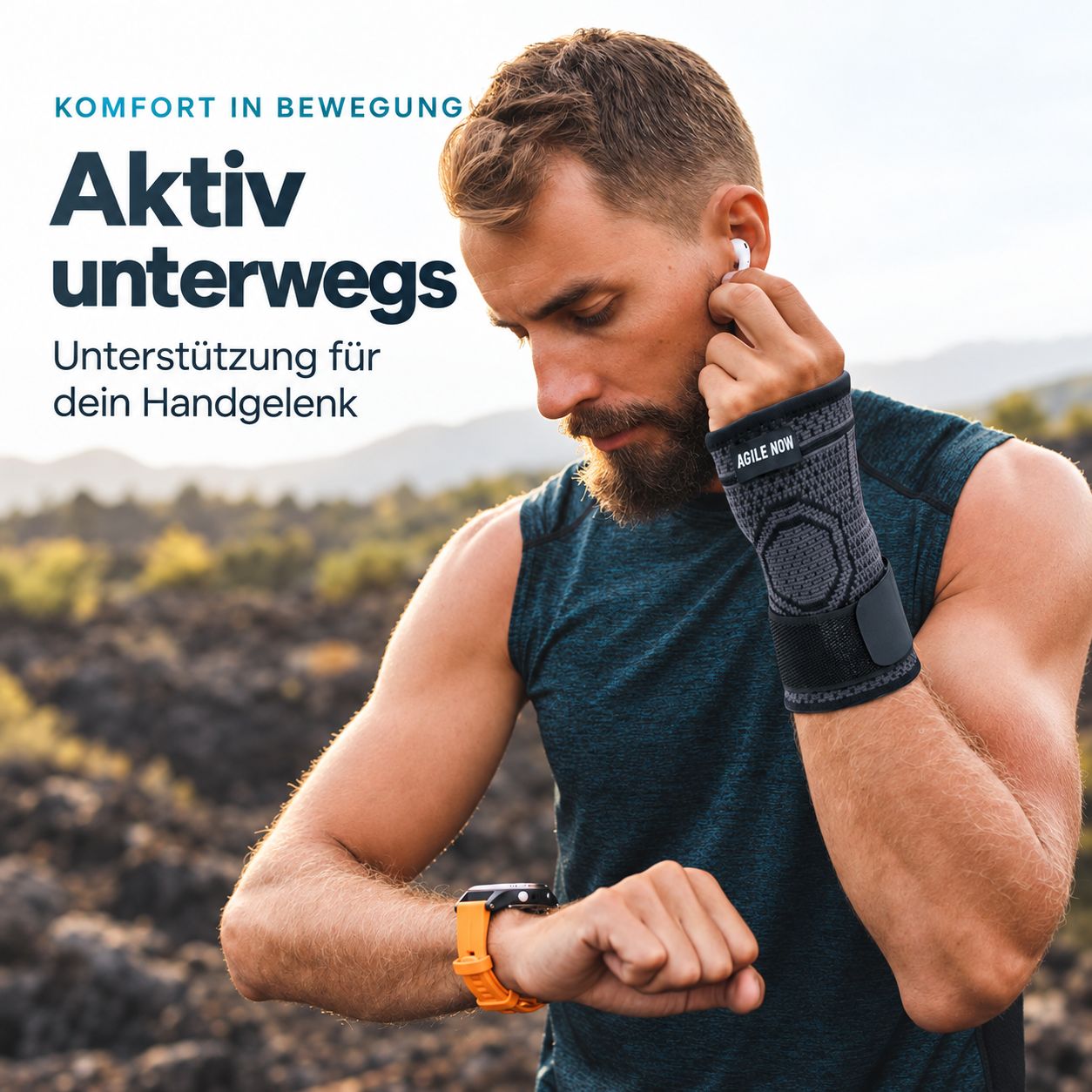 Mann trägt eine Handgelenkbandage beim Sport im Freien, mit Fokus auf Komfort und Unterstützung.