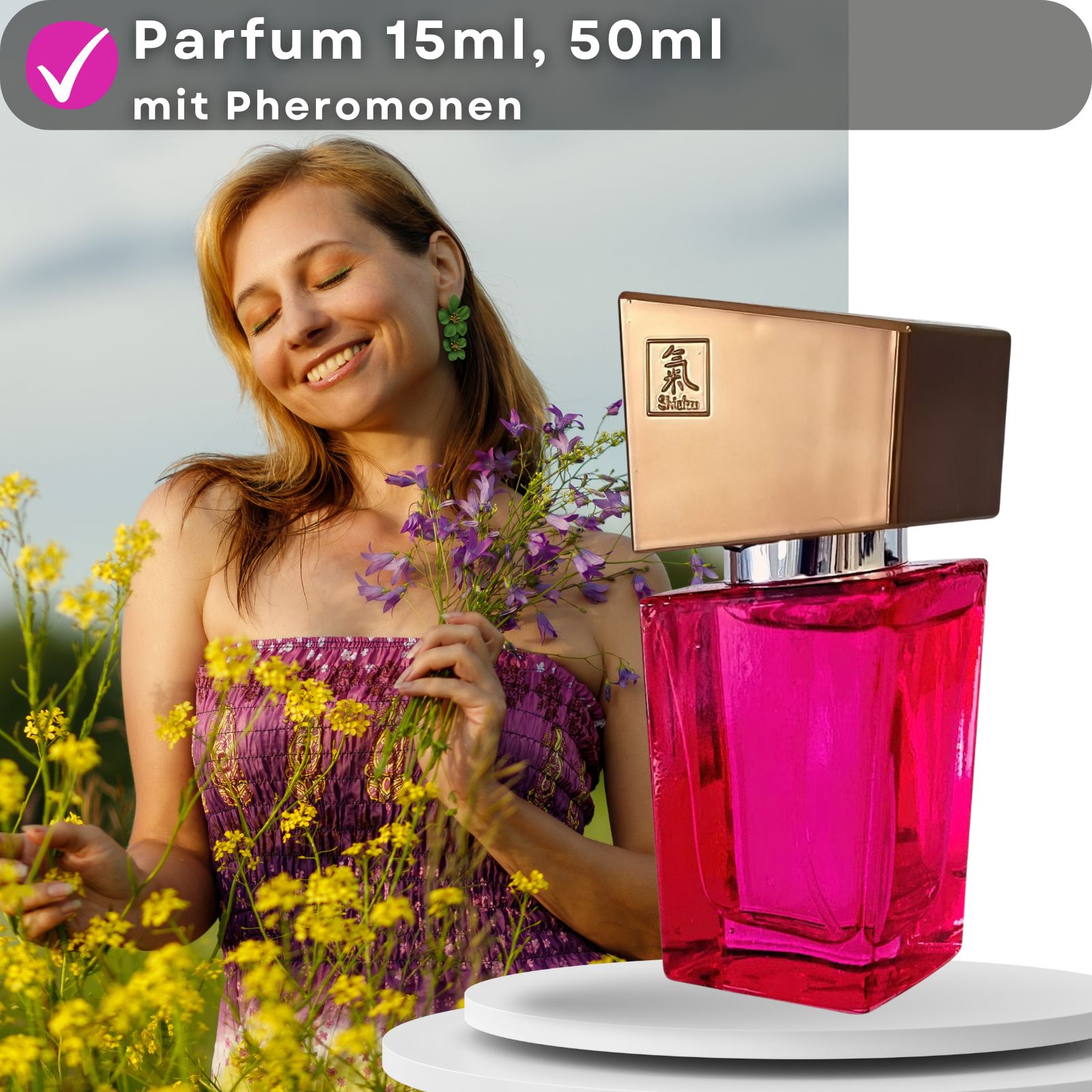 Frau mit Blumen. Text: Parfum 15ml, 50ml, mit Pheromonen. Flakon mit goldfarbenem Deckel.