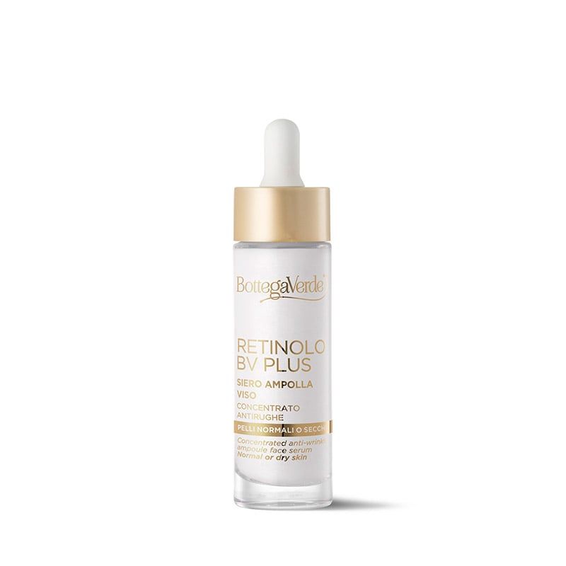 Flacone di siero viso Bottega Verde Retinolo BV Plus. Il flacone cilindrico presenta un tappo dorato e un contagocce. L'etichetta riporta il nome del prodotto e la descrizione, incluso l'uso per pelli normali o secche.