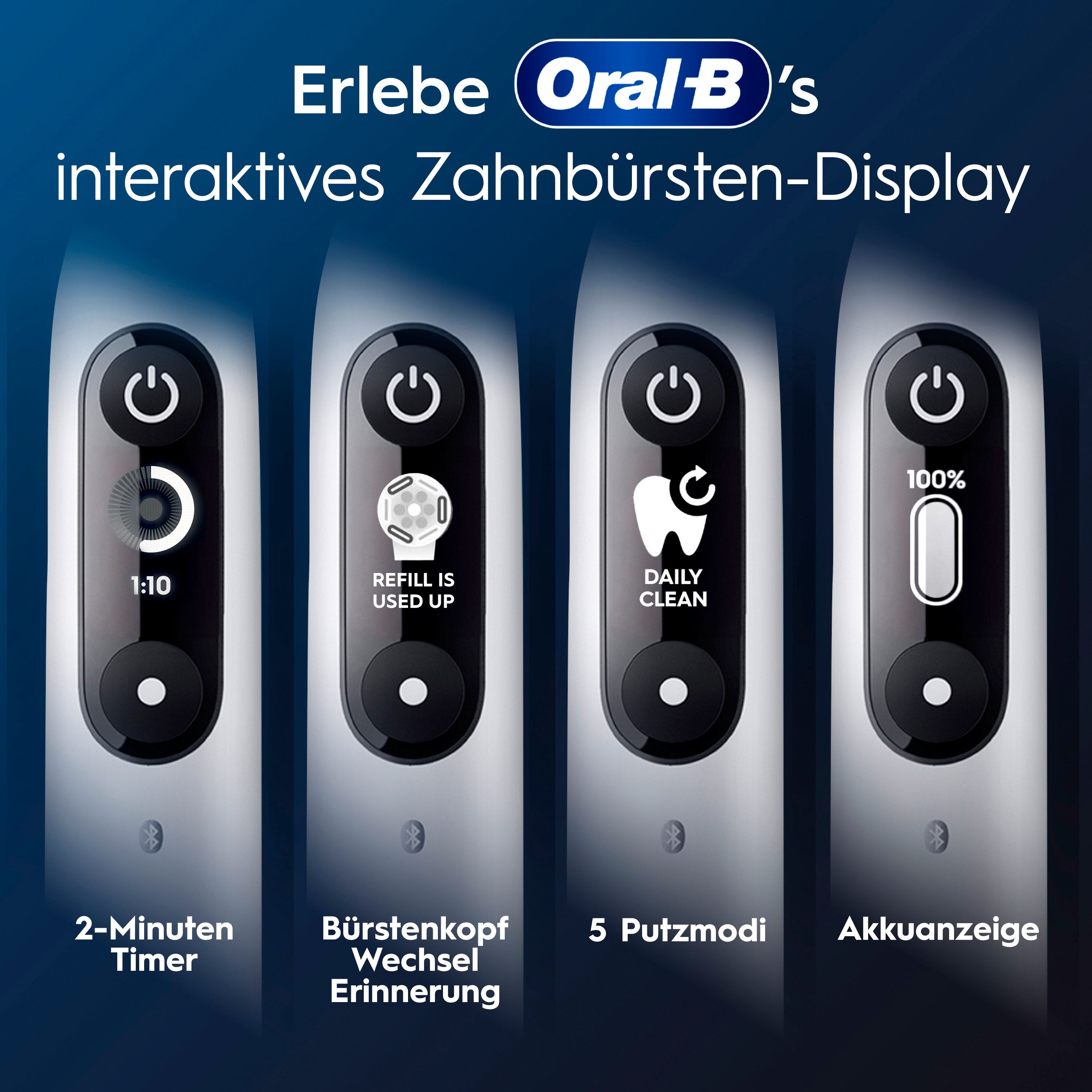 Oral-B iO Series 6 Zahnbürste. Display zeigt: 2-Minuten-Timer, Bürstenkopfwechsel, 5 Putzmodi, Akkuanzeige.