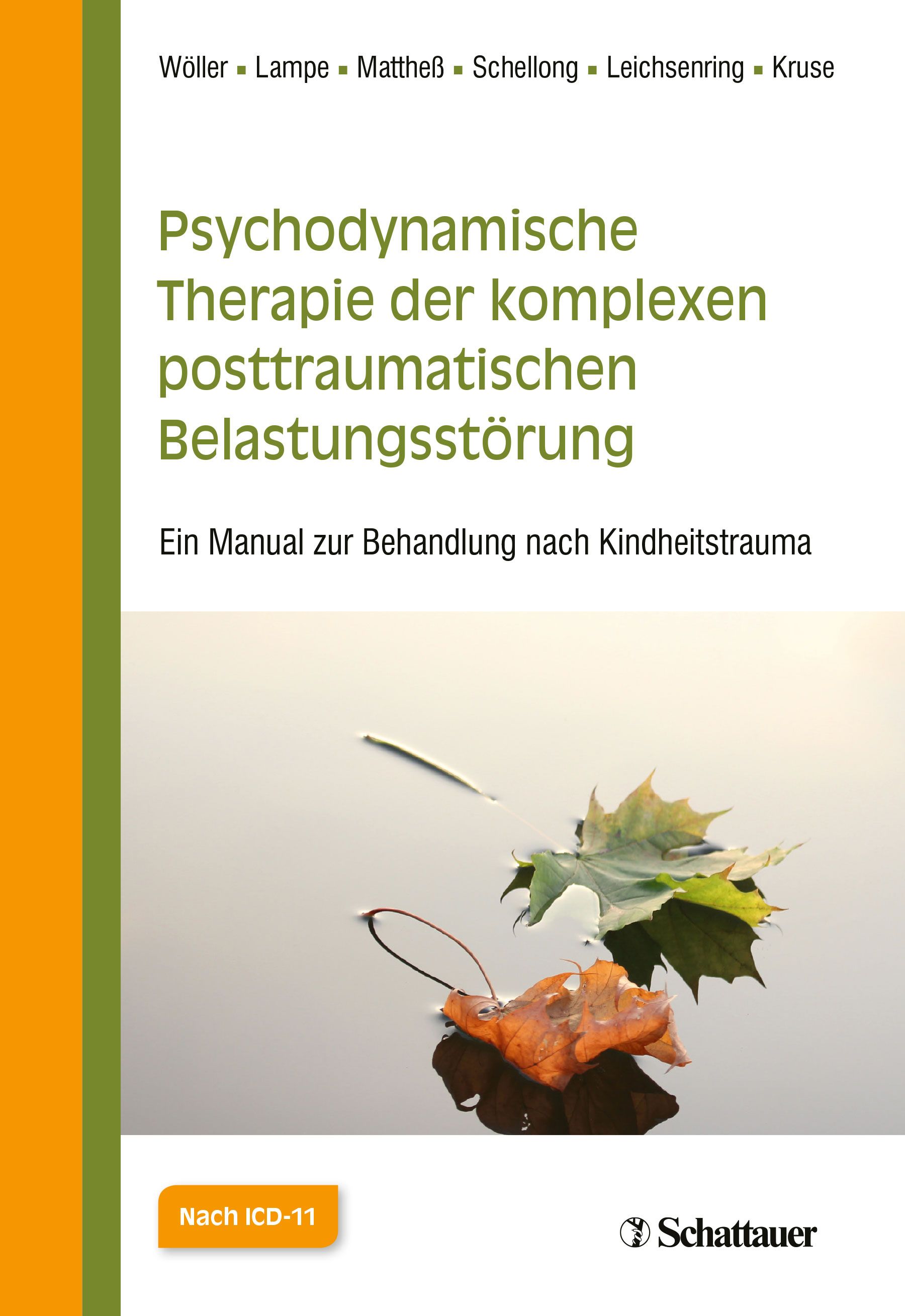 Buchcover mit Titel: Psychodynamische Therapie der komplexen posttraumatischen Belastungsstörung. Verlag Schattauer. Blätter im Wasser.