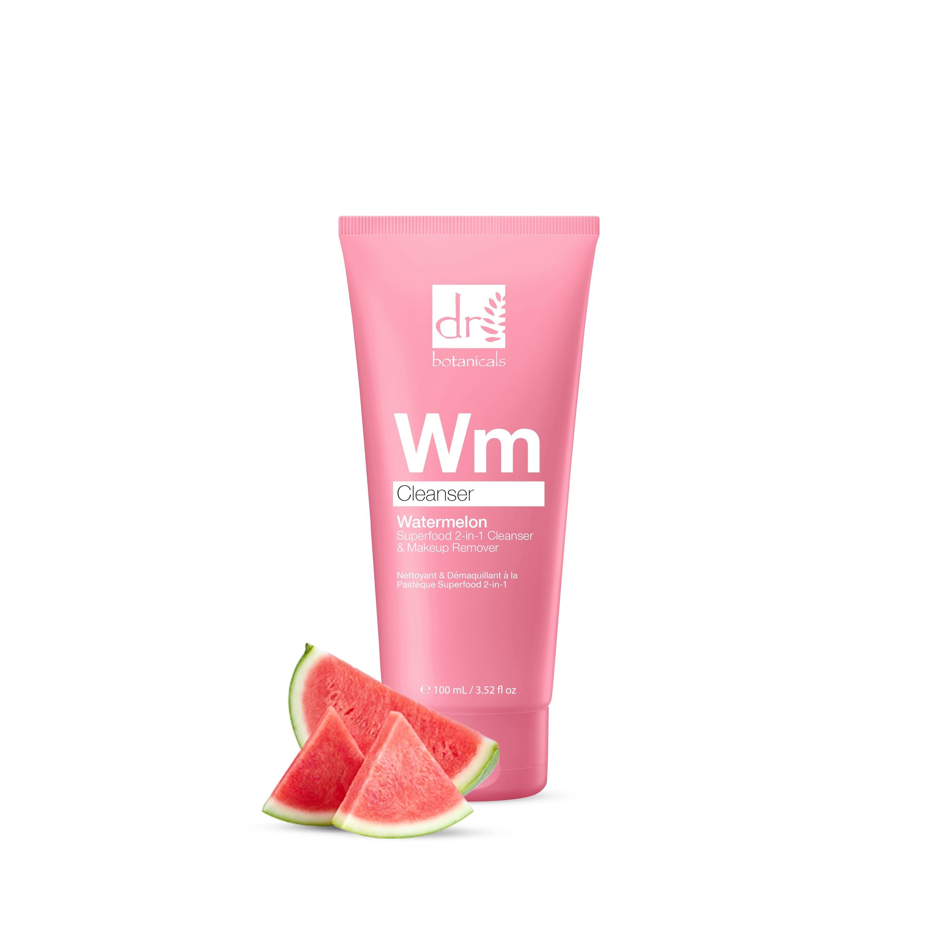 Rosa Tube mit "Dr Botanicals" und "Wm Cleanser". Text: Watermelon Superfood 2-in-1 Cleanser & Makeup Remover. Wassermelone.