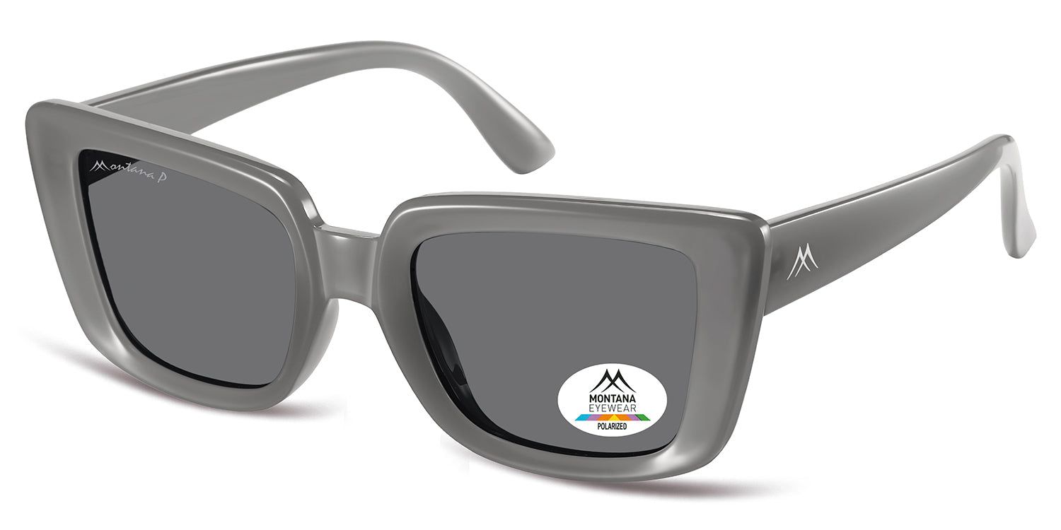 Graue Sonnenbrille, rechteckige Form, dunkle Gläser. Montana Eyewear Logo auf dem Bügel und polarisiert-Aufkleber auf dem Glas.