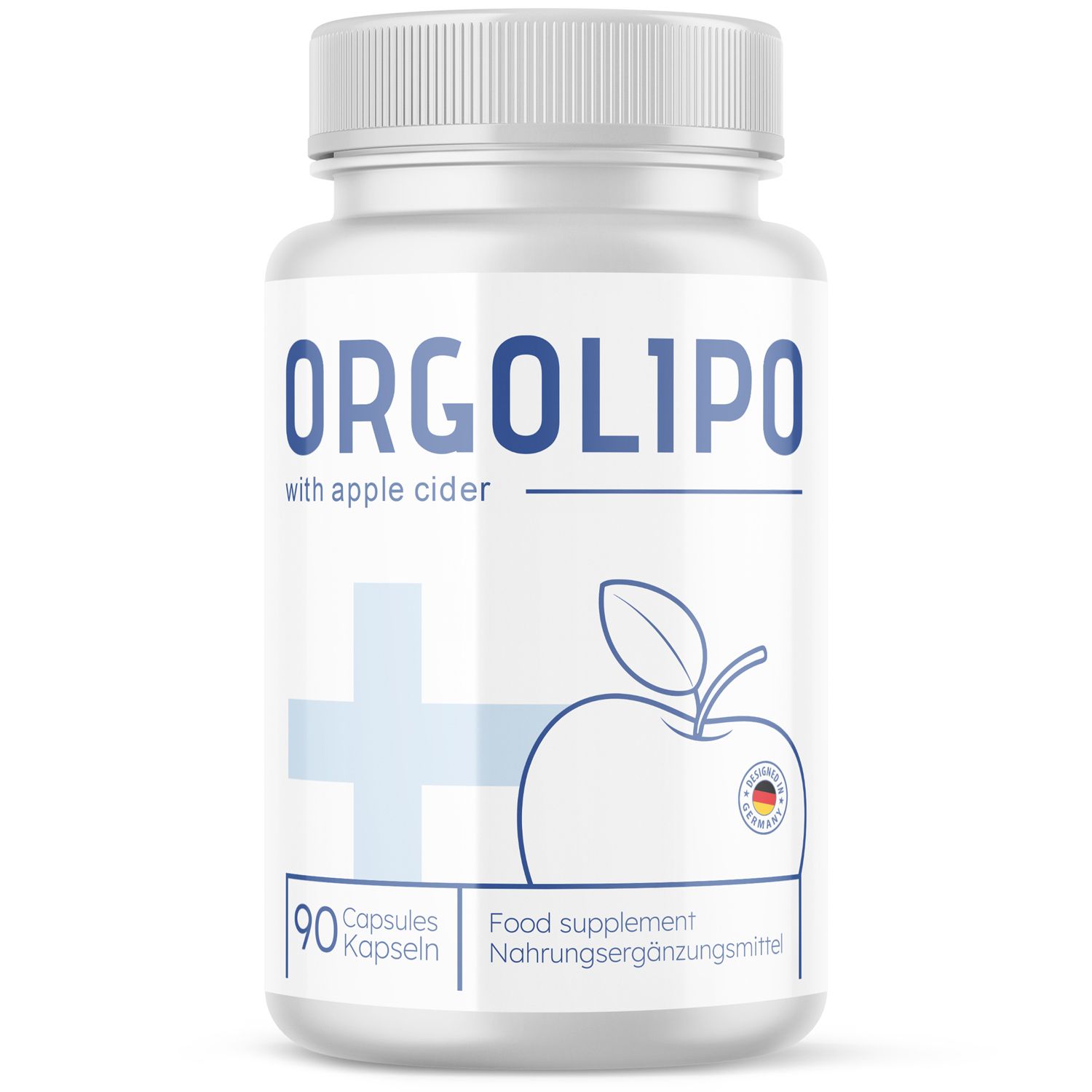 Weiße Kapsel-Dose mit blauem Logo und Apfel-Illustration. Text: Orgolipo, 90 Kapseln, Nahrungsergänzungsmittel. Mit Apfelessig.