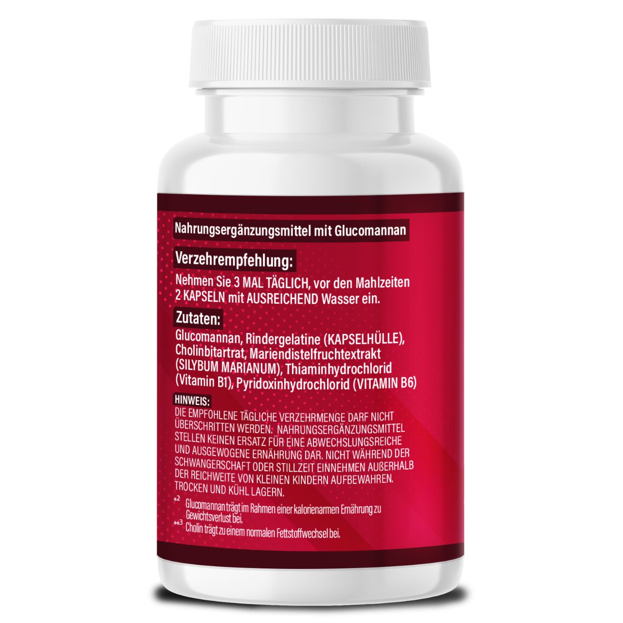Rückseite einer weißen Flasche mit rotem Etikett. Text: Nahrungsergänzungsmittel mit Glucomannan. Zutatenliste und Verzehrempfehlung.