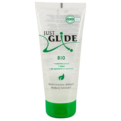 Medizinisches Gleitgel in Tube. Grün-weiße Verpackung mit Produktnamen und Bio-Zusatz. Vegan, pH-optimiert.