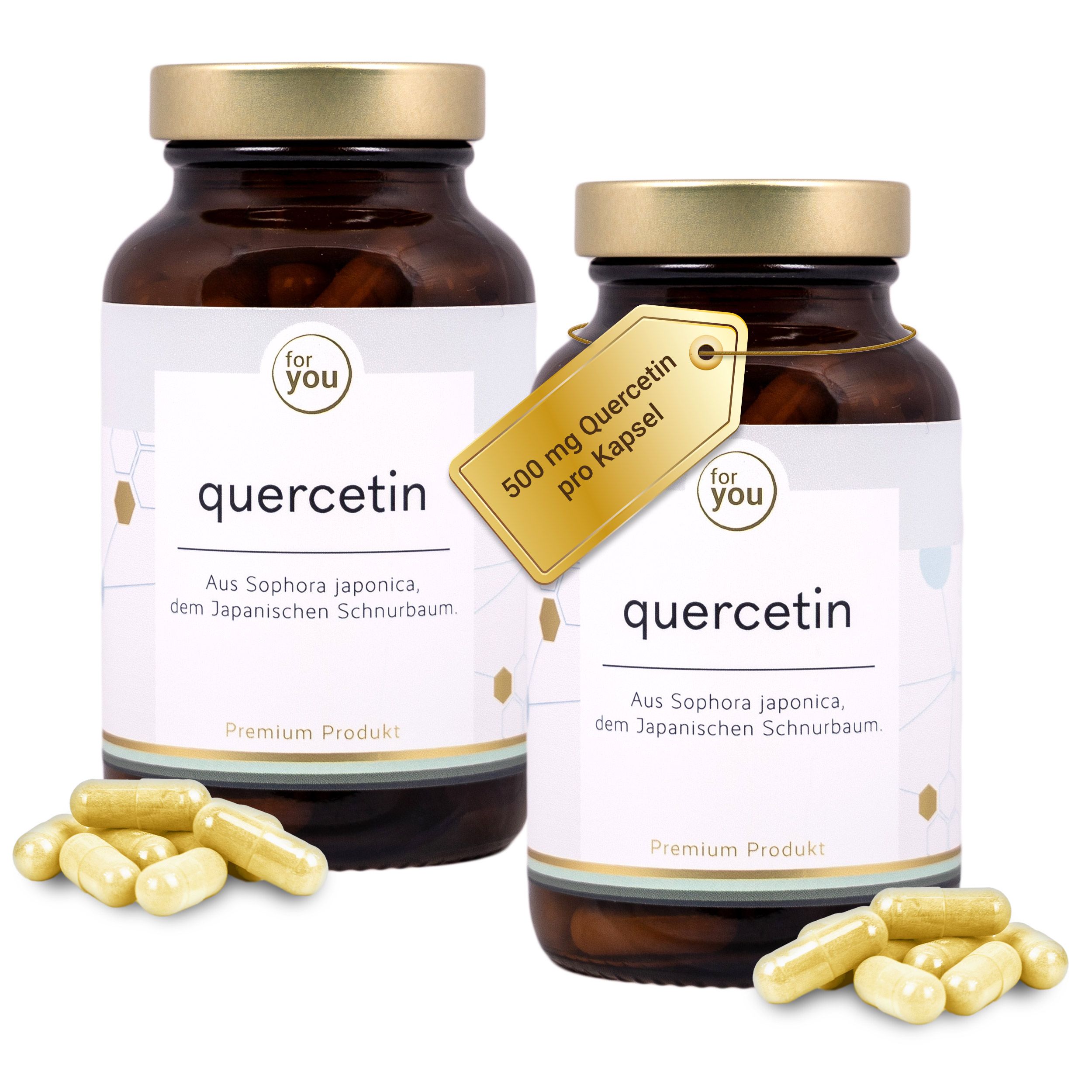 Zwei Braunglasflaschen mit Quercetin-Kapseln. Eine Flasche hat ein goldenes Etikett mit "500 mg Quercetin pro Kapsel".
