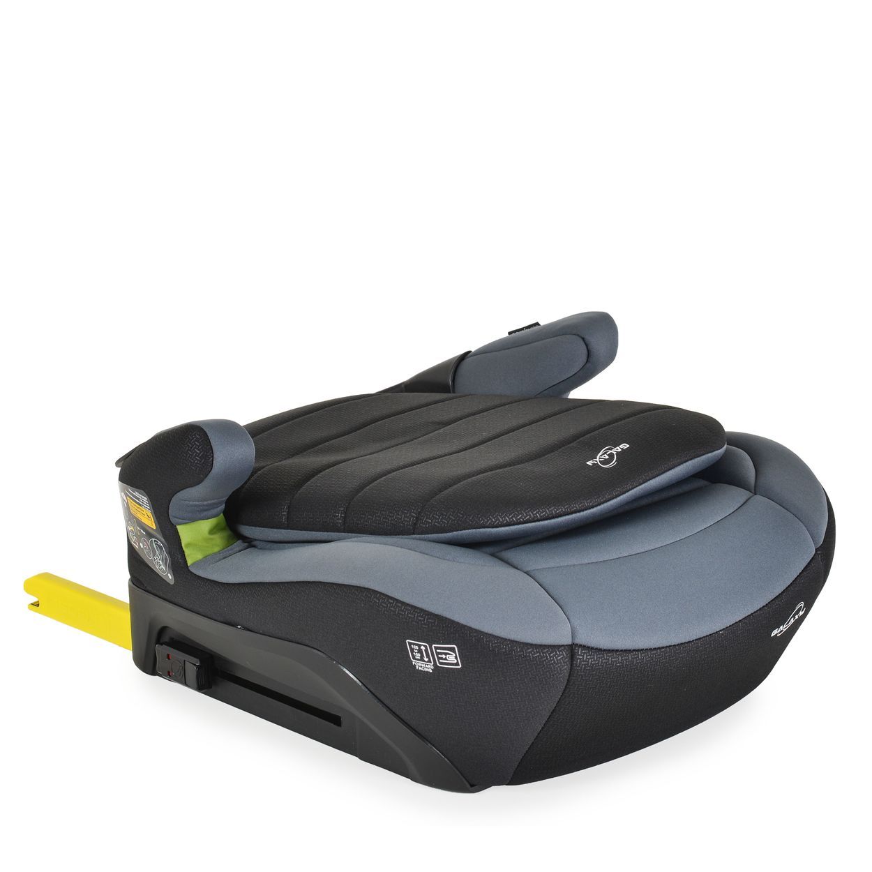 Grauer Kindersitz mit verstellbarer Kopfstütze und Armlehnen.