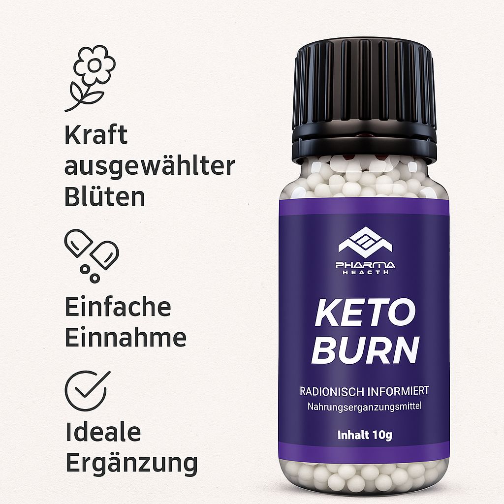 Glasflasche mit schwarzen Deckel. Lila Etikett mit weißem Text: Pharma Health, Keto Burn, Nahrungsergänzungsmittel, Inhalt 10g. Weiße Kügelchen.