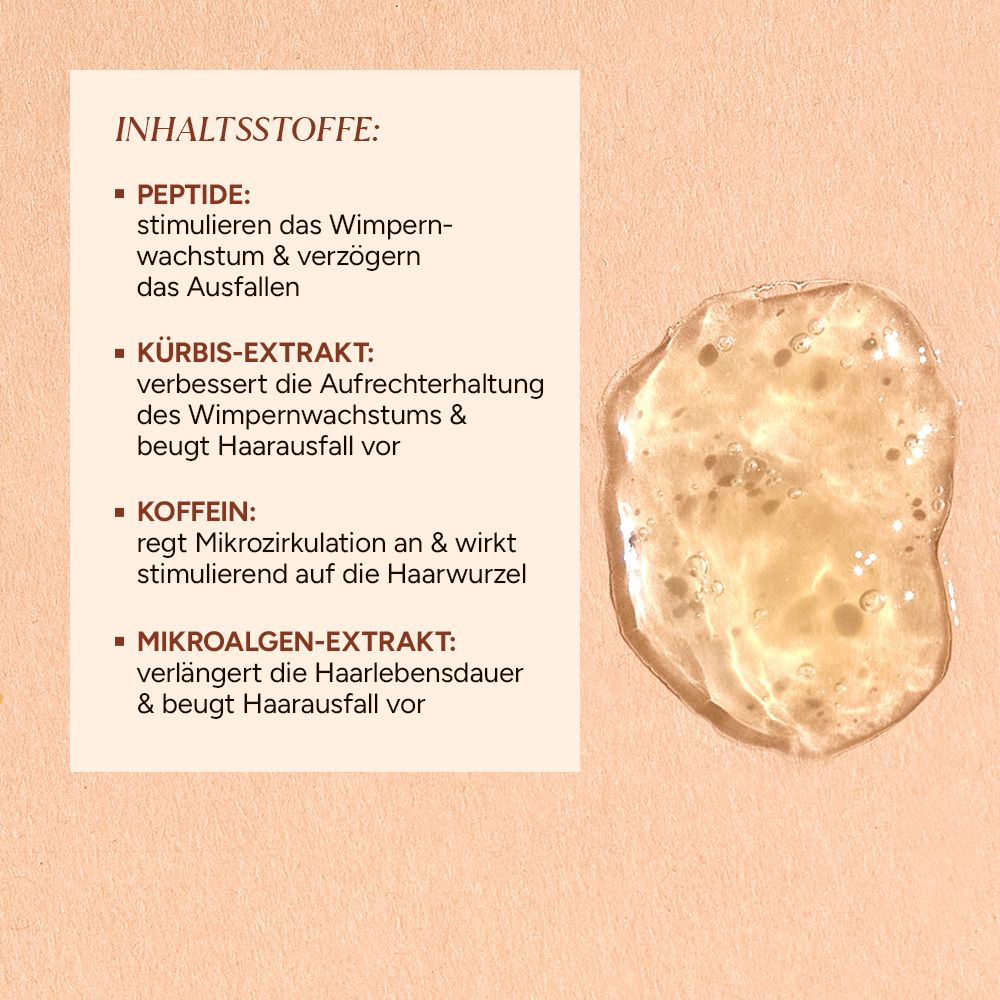 Text mit Inhaltsstoffen: Peptide, Kürbis-Extrakt, Koffein, Mikroalgen-Extrakt. Daneben eine gelartige Substanz.