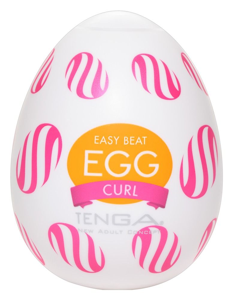 Weißes, eiförmiges Produkt mit rosa und weißen Spiralmustern. Aufschrift 'EASY BEAT EGG CURL' und 'TENGA'.