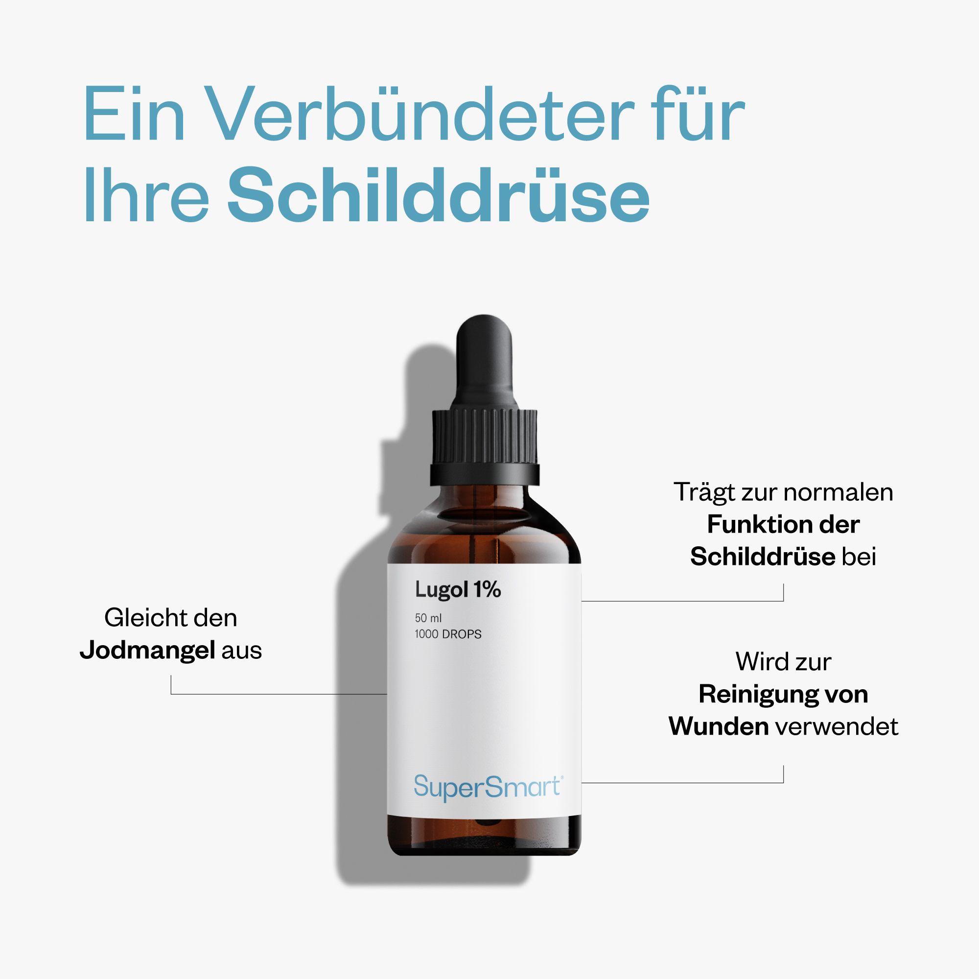 Braune Glasflasche mit schwarzem Tropfer. Produkt: Lugol 1% von SuperSmart. 50 ml, 1000 Tropfen. Text: Schilddrüse, Jodmangel, Wunden.