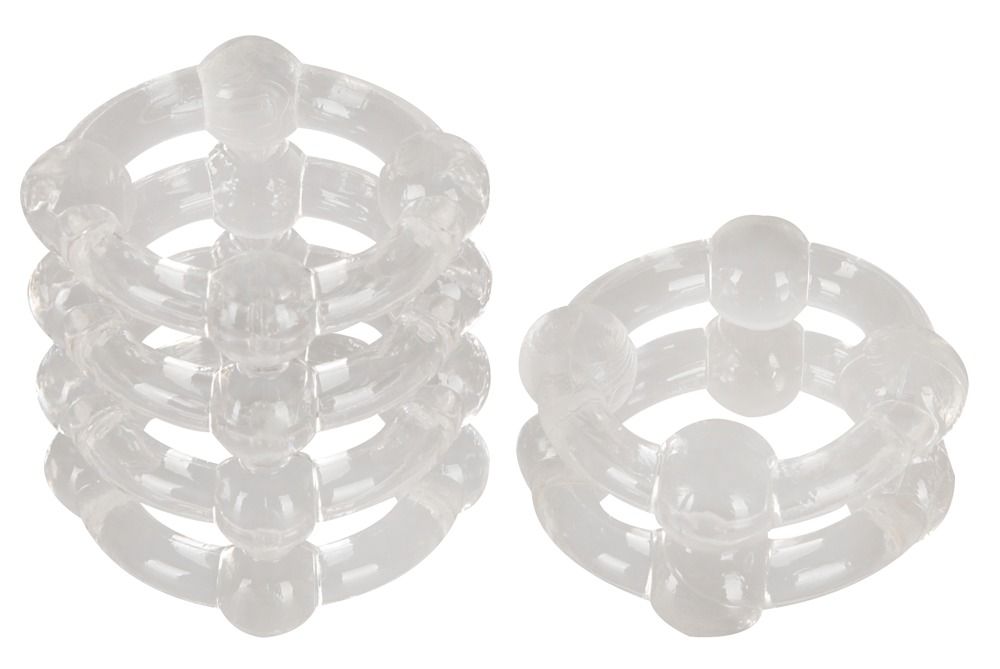 Zwei transparente, ringförmige Produkte. Ein Stapel mit fünf Ringen, ein Ring mit drei Ringen.