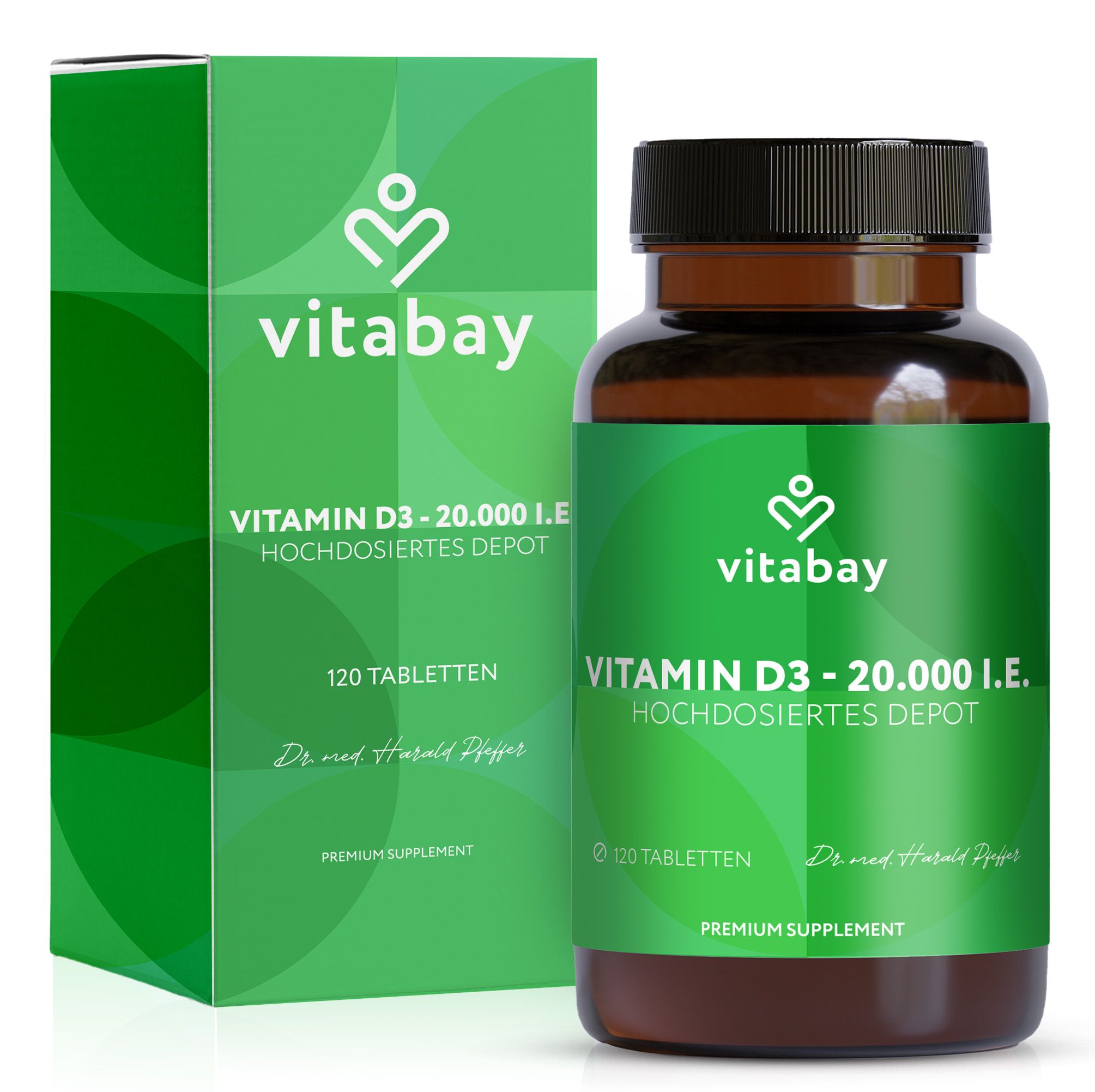 Verpackung und Flasche Vitamin D3 Depot. 120 Tabletten. Vitabay Logo.