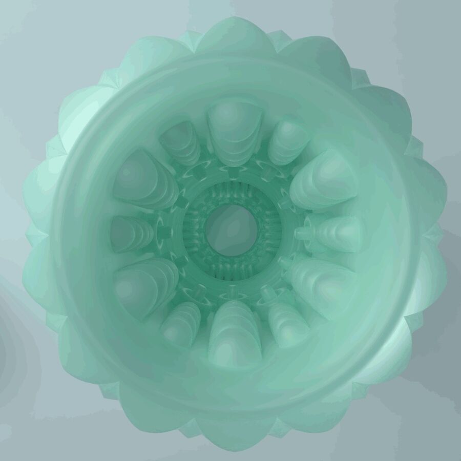 Innenansicht eines türkisfarbenen Masturbators. Geformt mit Rippen und Strukturen. Zentrales Loch.