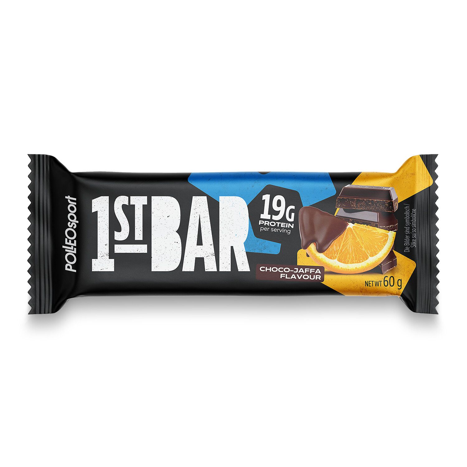 Schwarze Verpackung mit weißem "1ST BAR"-Schriftzug. Blaue und gelbe Akzente. "19g Protein" und "Choco-Jaffa Flavour" sind ebenfalls abgebildet.