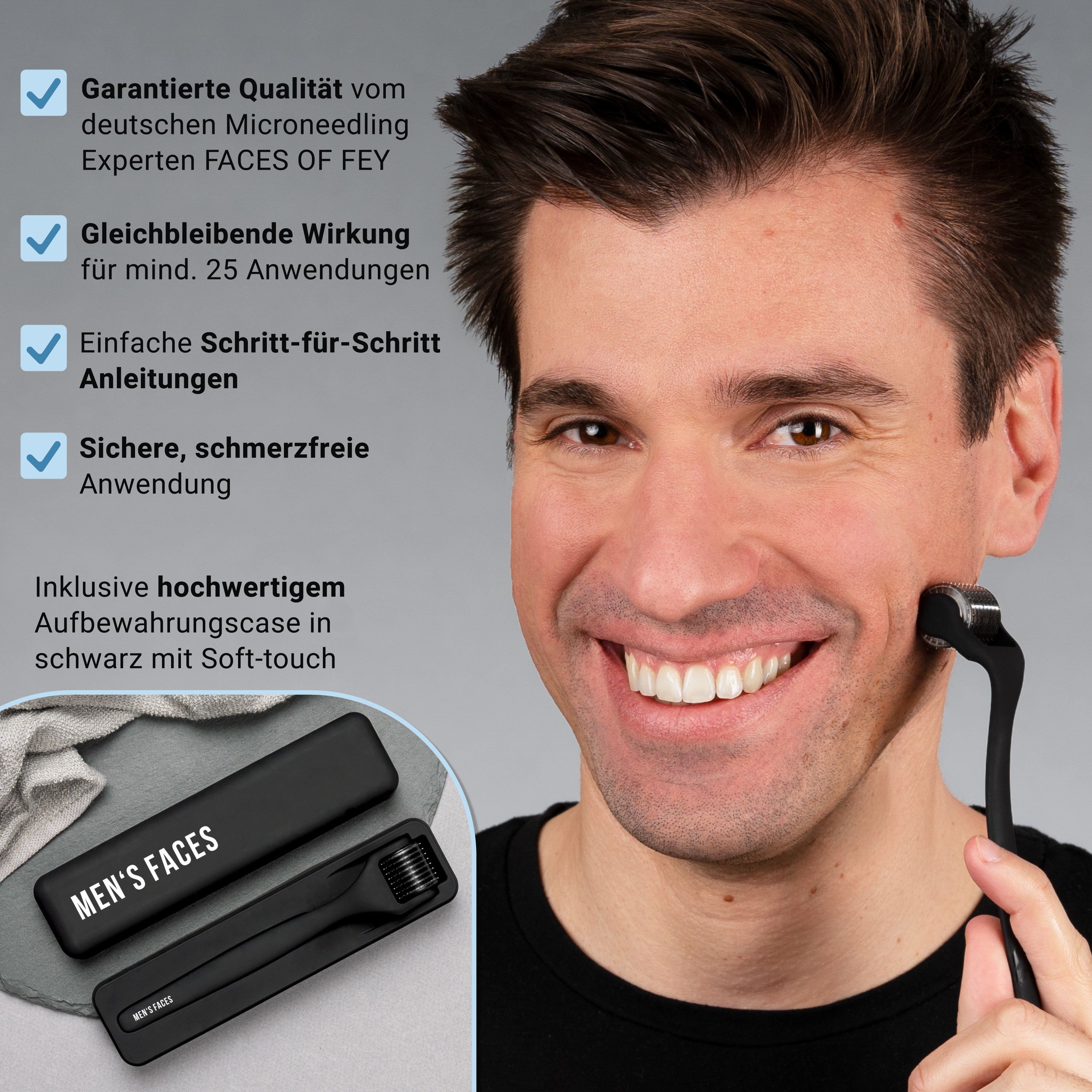 Mann verwendet Bartroller. Inklusive Aufbewahrungscase. Garantiert Qualität, gleichbleibende Wirkung, einfache Anwendung, sichere Anwendung.