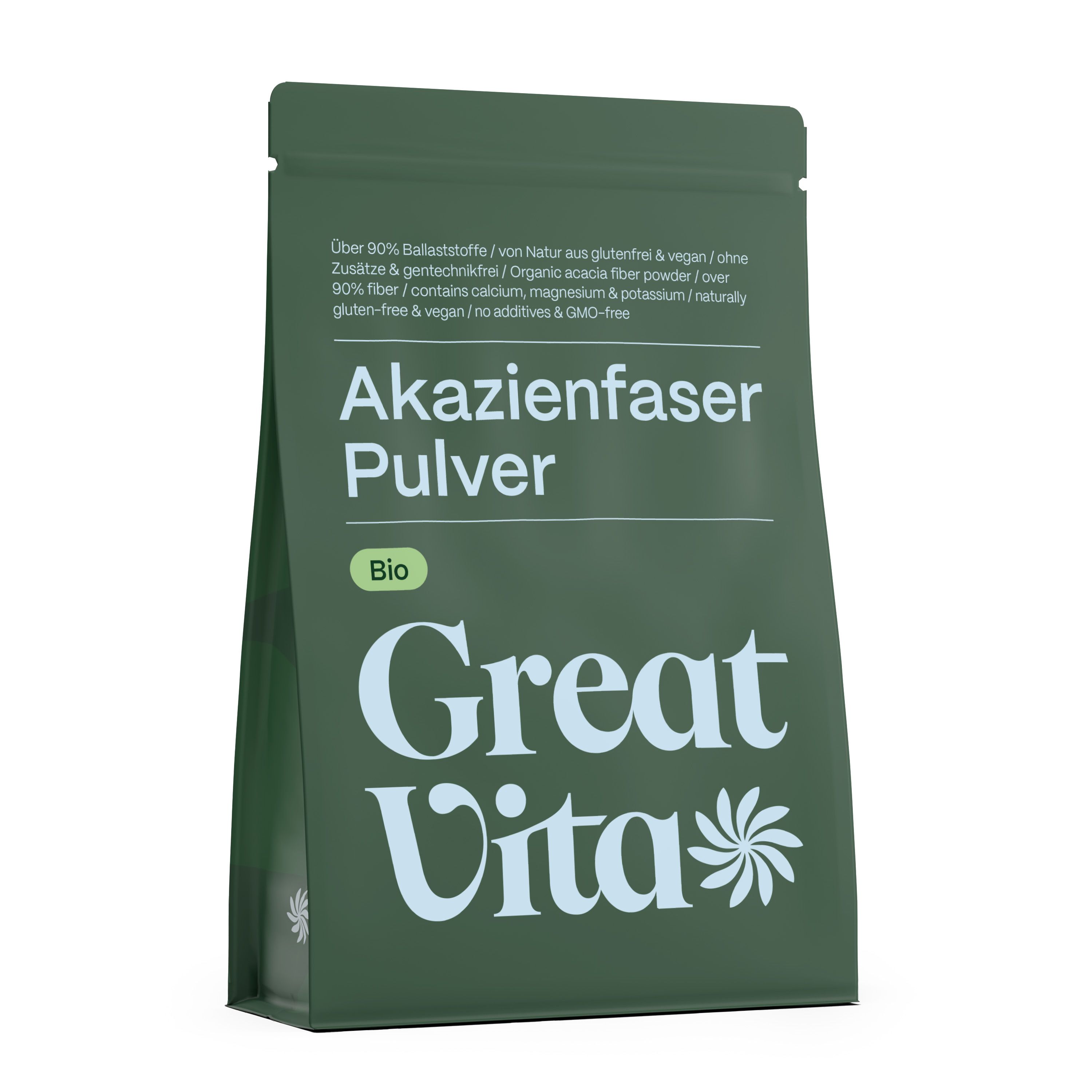 Grüne Verpackung mit Produktnamen: Akazienfaser Pulver. Bio-Siegel. GreatVita Logo. Text: Über 90% Ballaststoffe, glutenfrei, vegan.