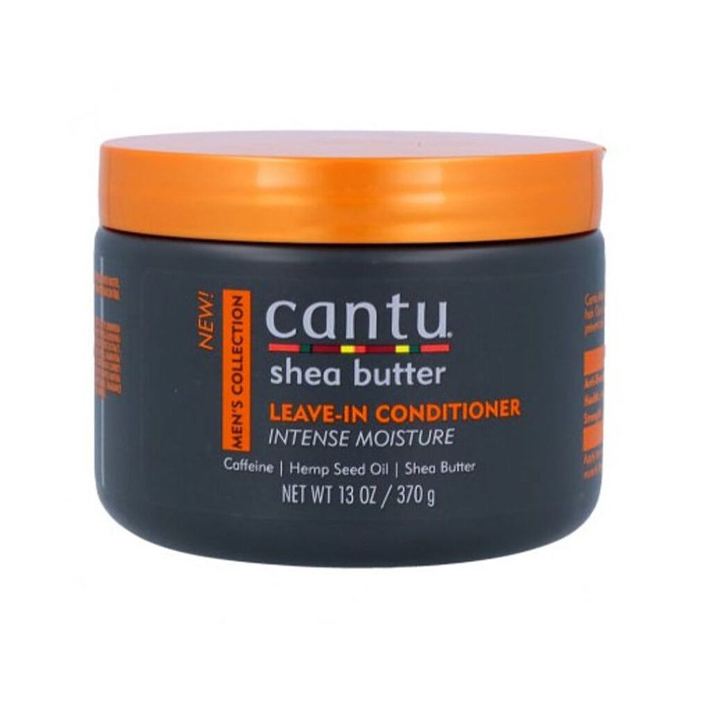 Dunkelgrauer Tiegel mit orangefarbenem Deckel. Aufschrift: Cantu Shea Butter Leave-In Conditioner. Text: Intense Moisture, Men's Collection.