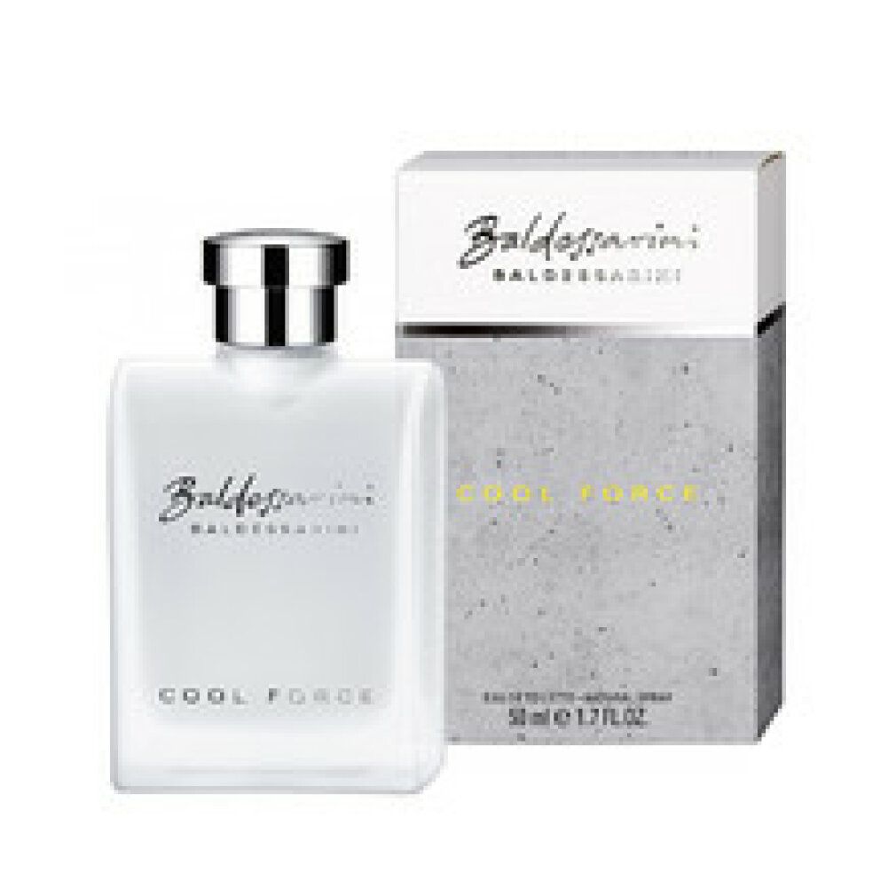 Baldessarini Cool Force Edt Spray Flakon und Verpackung. Weißes Flakon, silberner Verschluss, graue Verpackung.