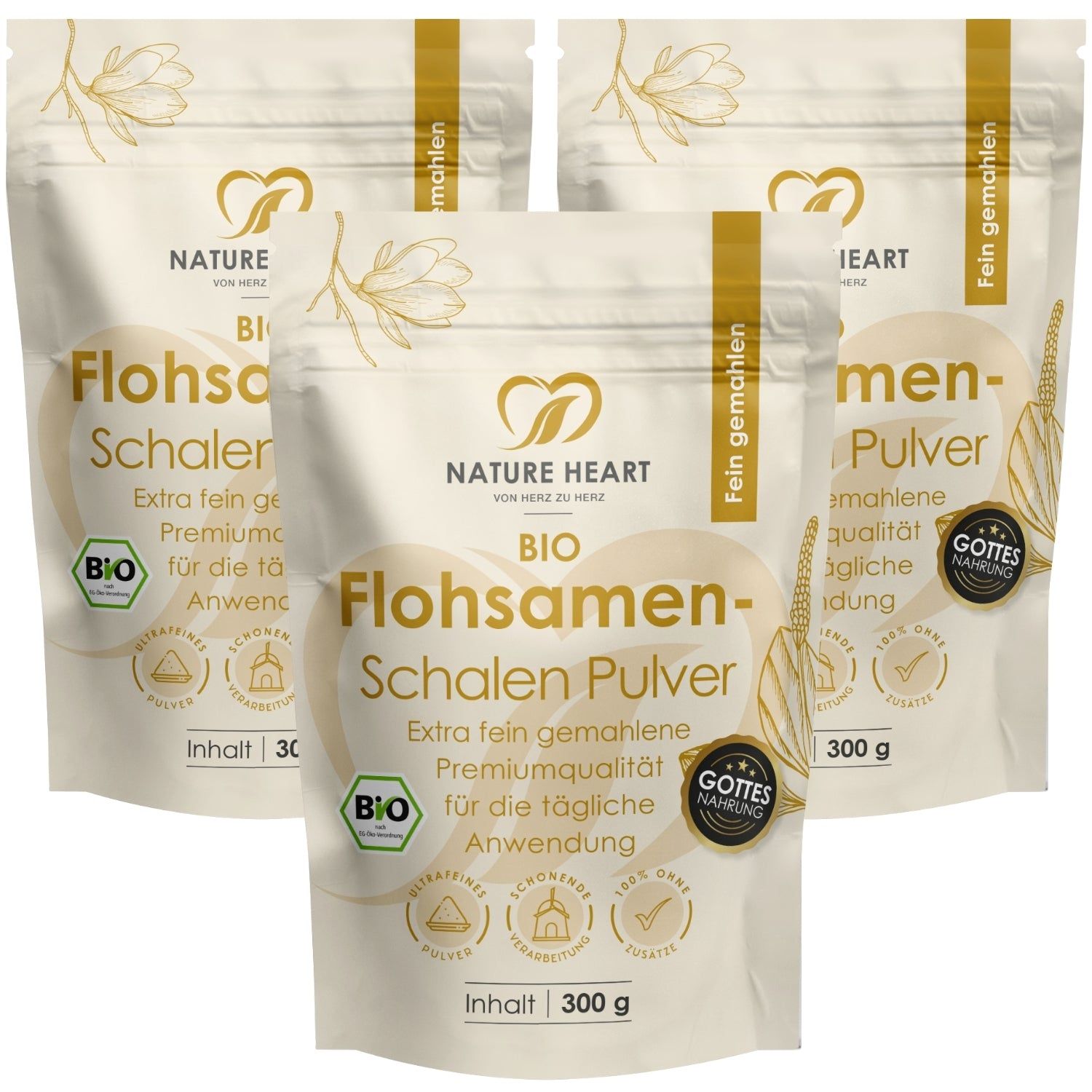 Nature Heart Flohsamenschalen BIO 3x300 g Pulver