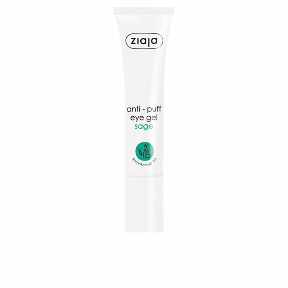 Weiße Tube mit grünem Etikett. Aufschrift: Ziaja, Anti-Puff Eye Gel Sage. Mit Salbei-Blatt-Symbol.