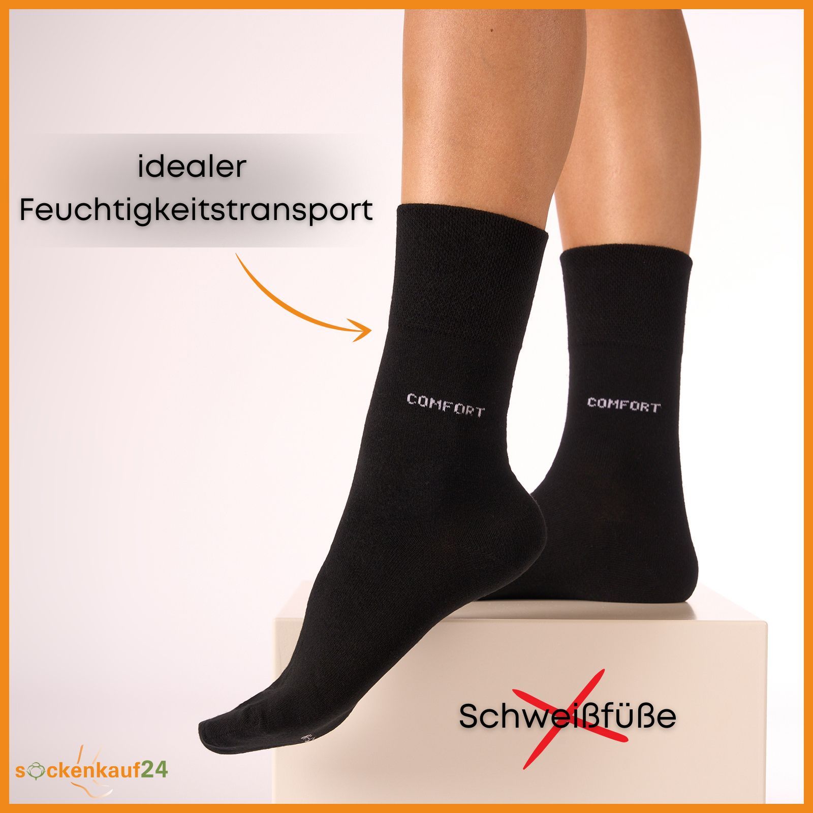 Zwei schwarze Socken am Bein. Aufschrift "COMFORT". Text: "idealer Feuchtigkeitstransport" und "Schweißfüße".
