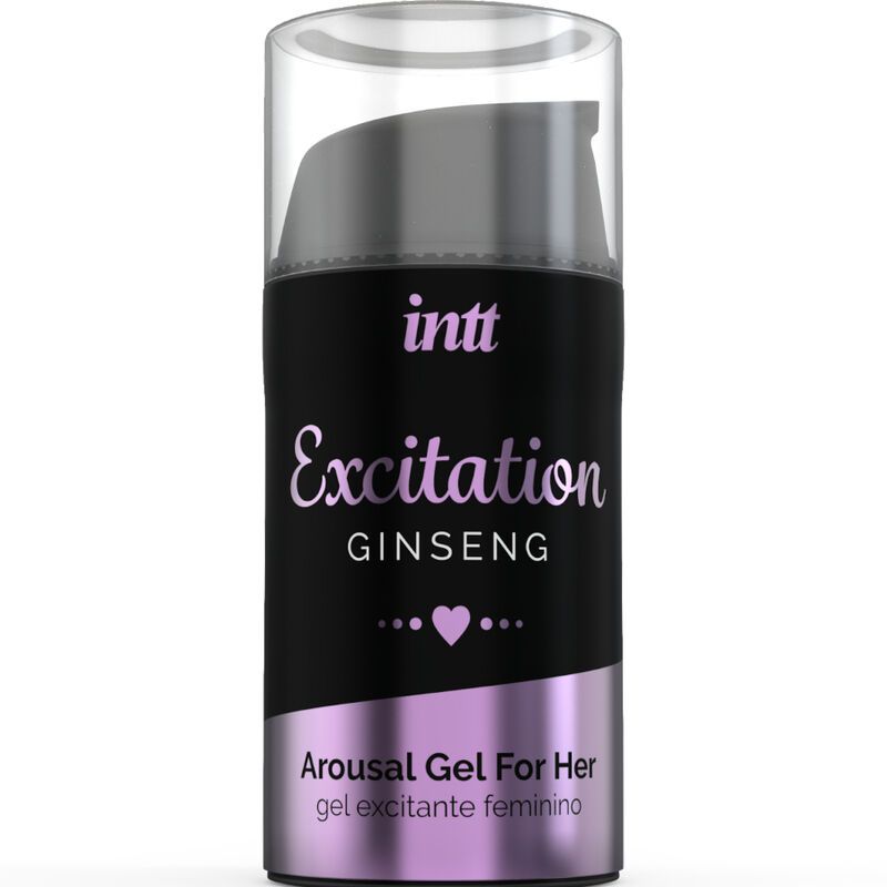 Flasche mit Aufschrift: intt Excitation Ginseng. Produktname und Herz-Symbol. Text: Arousal Gel For Her. Schwarze Flasche, transparenter Deckel.