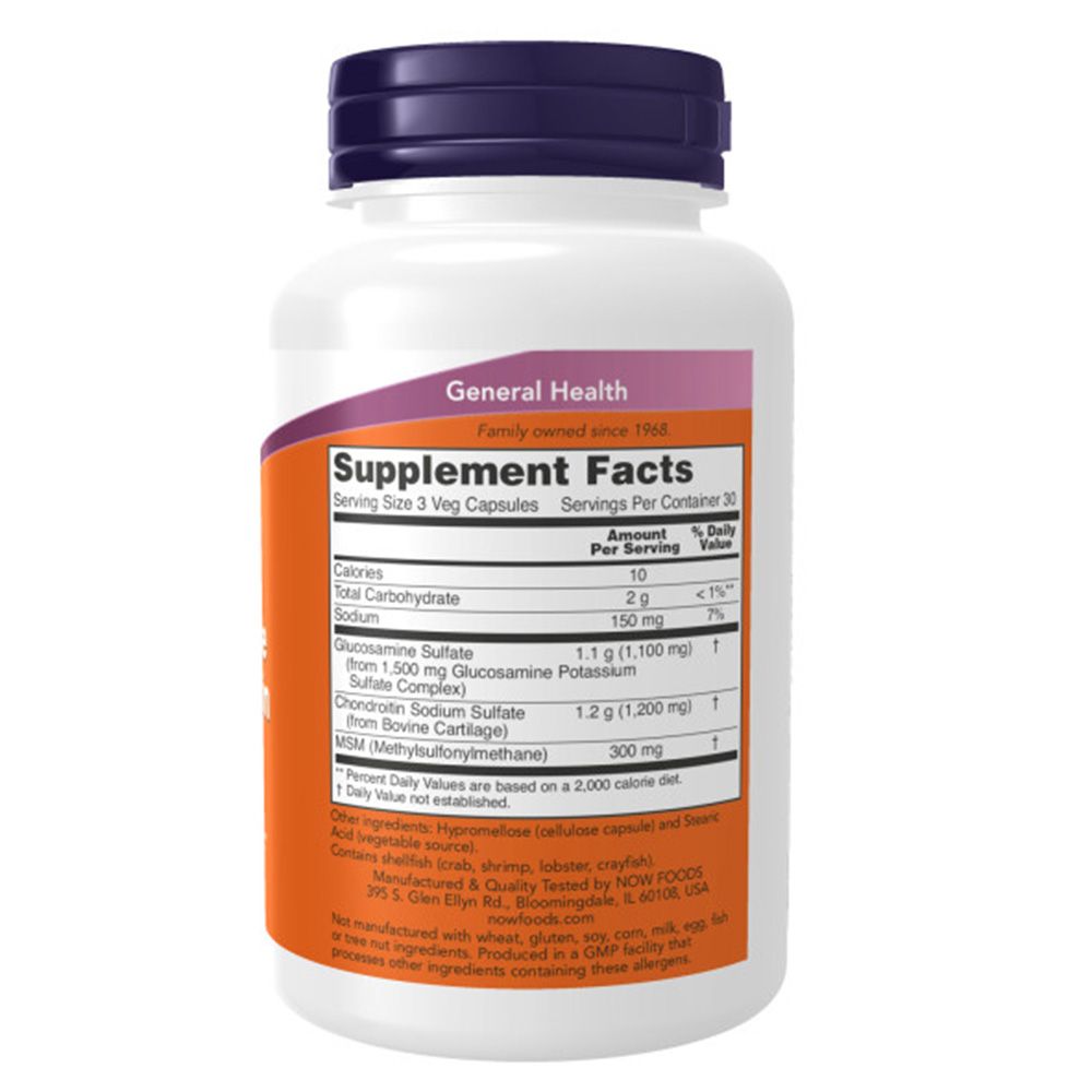 Rückseite der Flasche. Etikett mit Nährwertangaben. Enthält Glucosamin, Chondroitin und MSM. Inhaltsstoffe und Herstellerangaben.