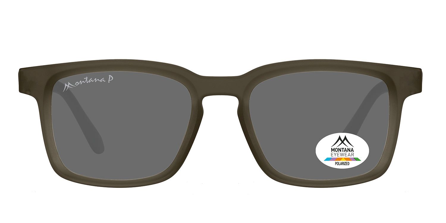 Sonnenbrille mit quadratischen Gläsern und grauem Rahmen. Montana Eyewear Logo auf dem Bügel und Glas. Polarisierte Gläser.