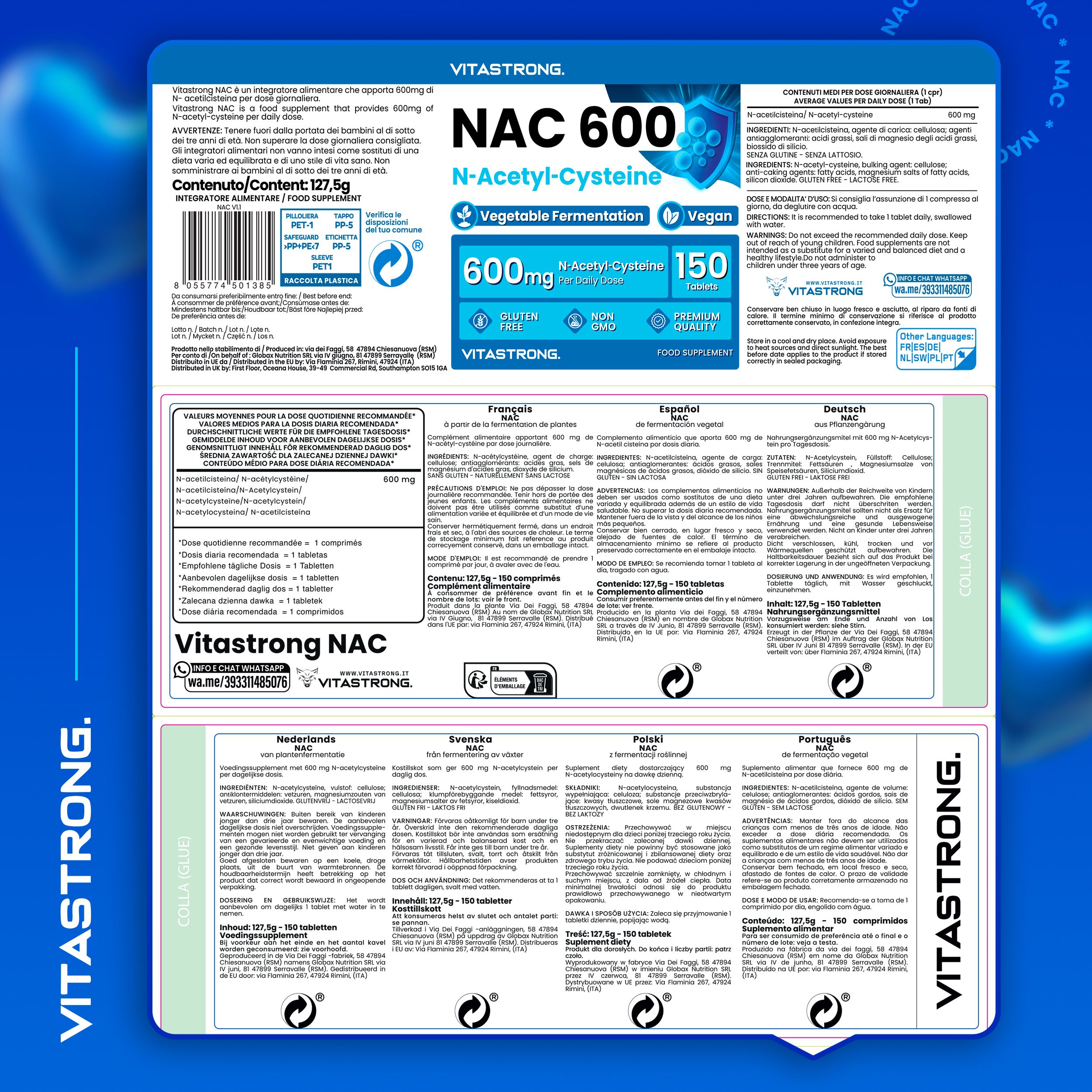 Verpackung von Vitastrong NAC. Text in verschiedenen Sprachen. NAC 600, N-Acetyl-Cystein, 150 Tabletten. Vitastrong.
