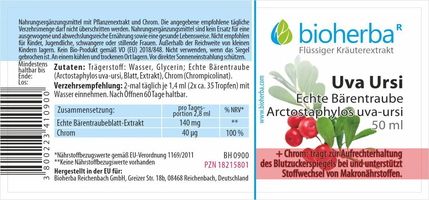Etikett mit Produktinformationen. Text: Bioherba, Uva Ursi, Echte Bärentraube. Zutaten, Verzehrempfehlung, Zusammensetzung. Mit Qualitätszeichen.