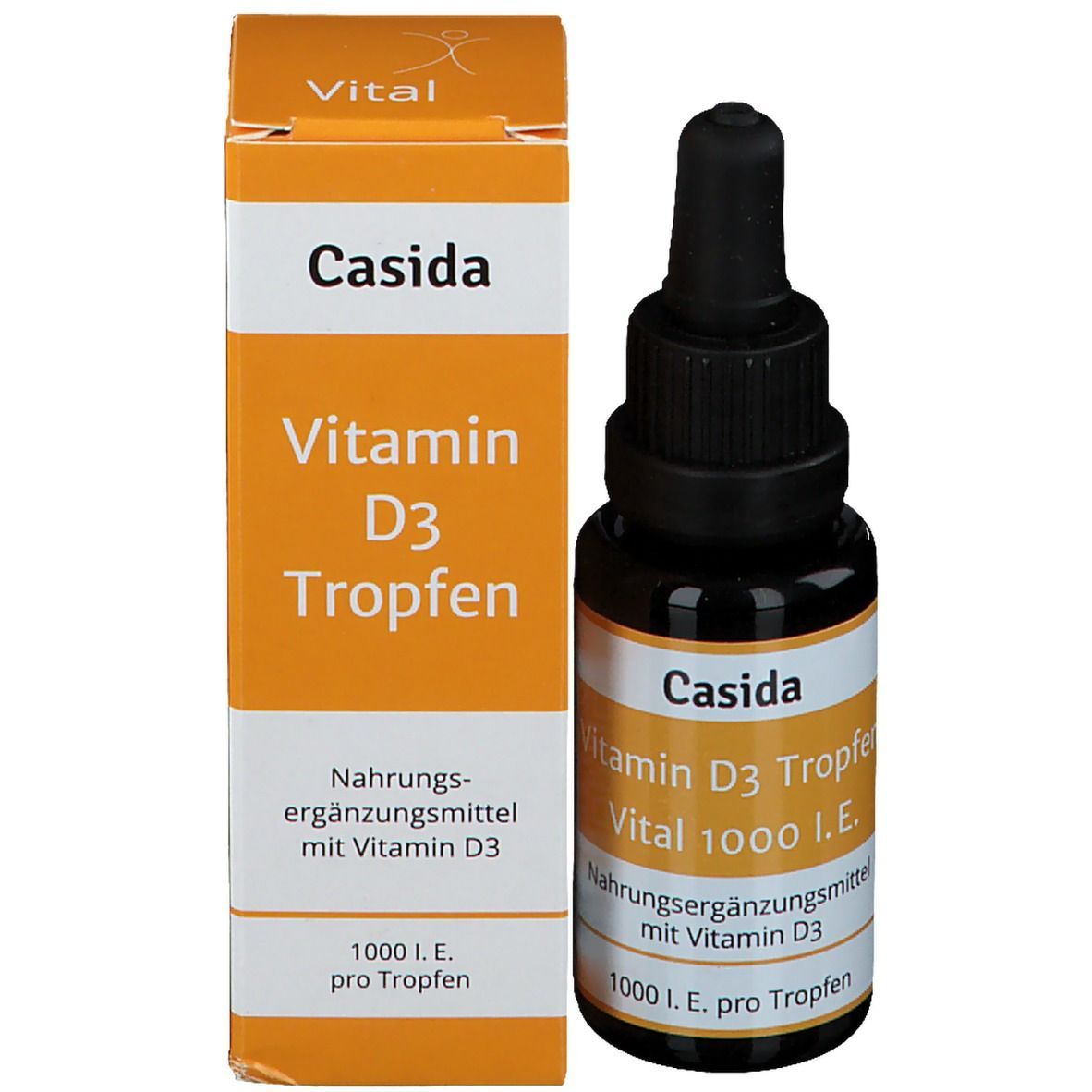 Produktverpackung und Flasche. Aufschrift: Casida Vitamin D3 Tropfen Vital 1000 I.E. Nahrungsergänzungsmittel mit Vitamin D3.