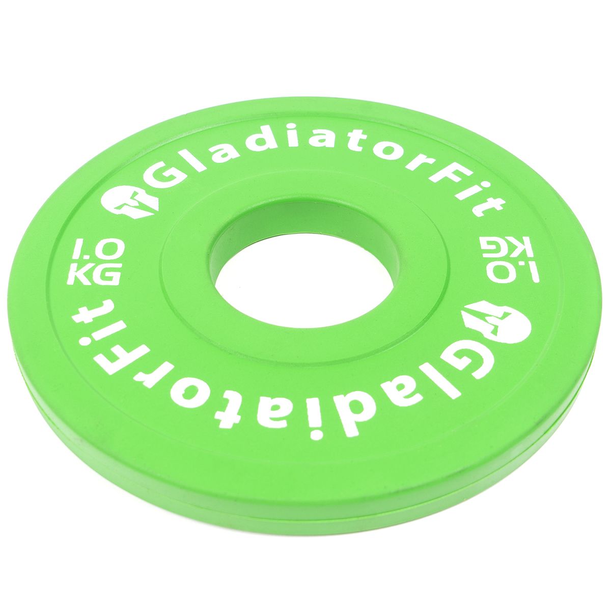 Grüne Gummi-Fraktionsscheibe. Aufschrift GladiatorFit und 1,0 KG. Ansicht von oben.