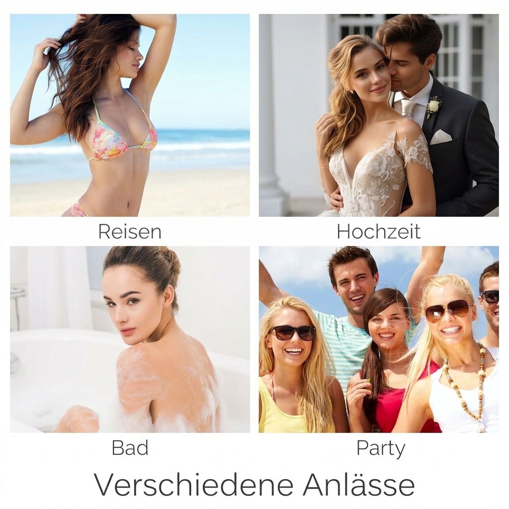 Collage: Strand, Hochzeit, Bad, Party. Verschiedene Anlässe. Frauen und Männer in verschiedenen Situationen.