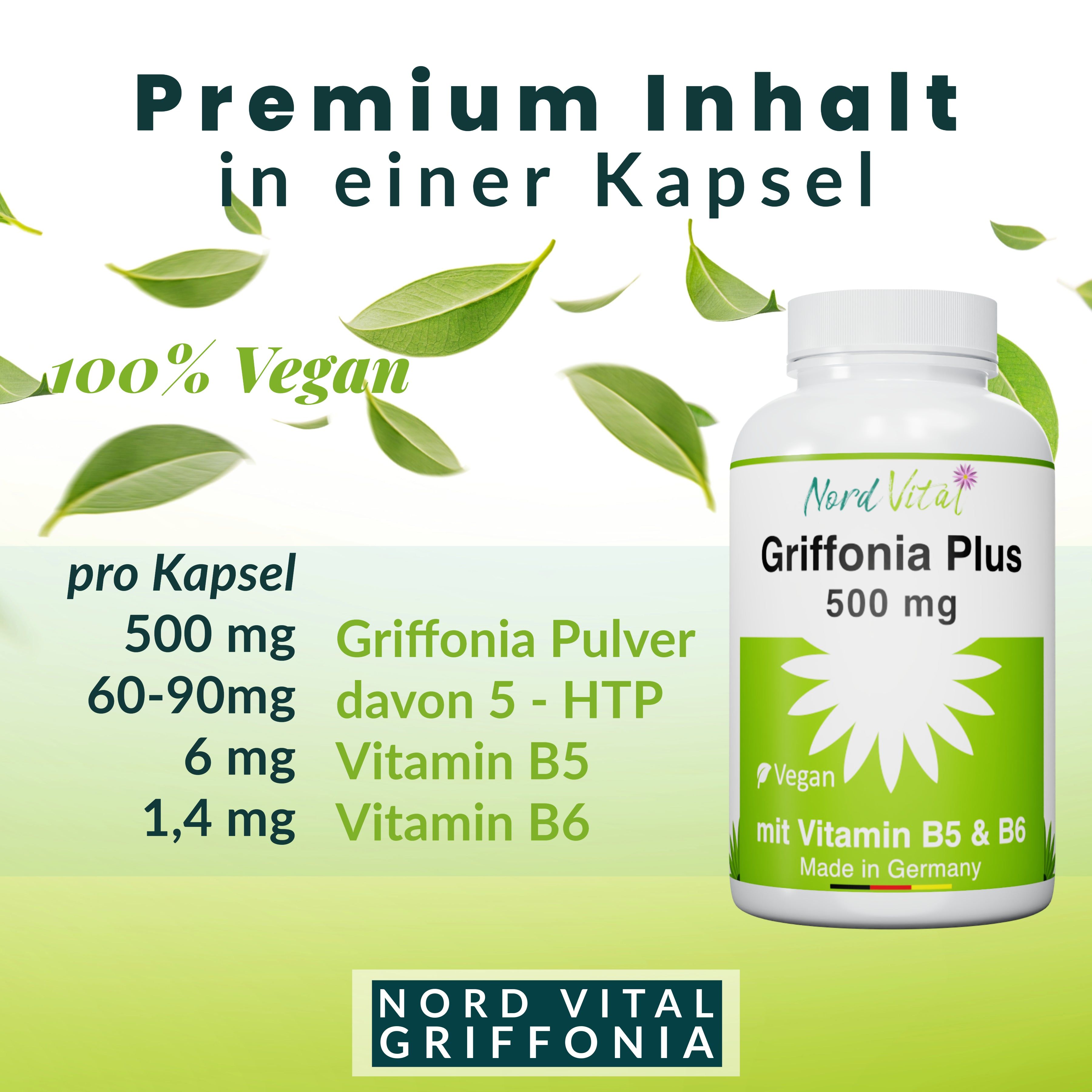 Nord Vital Griffonia Plus - 500 mg Griffoniasamen mit natürlichem 5-HTP - Vitamine B5 und B6 - Vegan