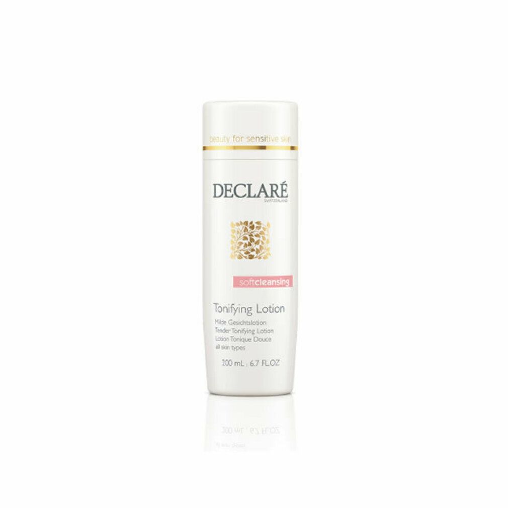 Weiße Flasche mit goldener Kappe. Aufschrift: DECLARÉ, Tonifying Lotion, softcleansing. 200 ml.