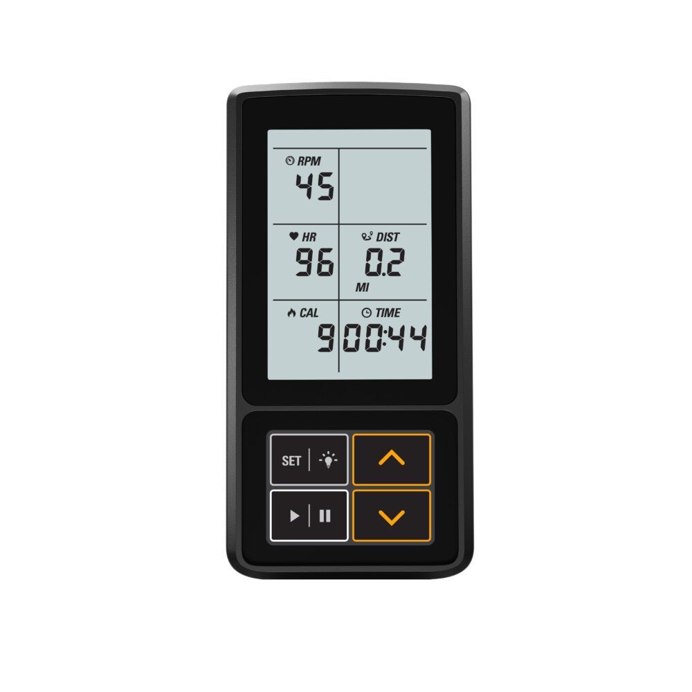 Konsole mit LCD-Display. Anzeigen: RPM, HR, DIST, CAL, TIME. Tasten: SET, Pfeile, Start/Pause.