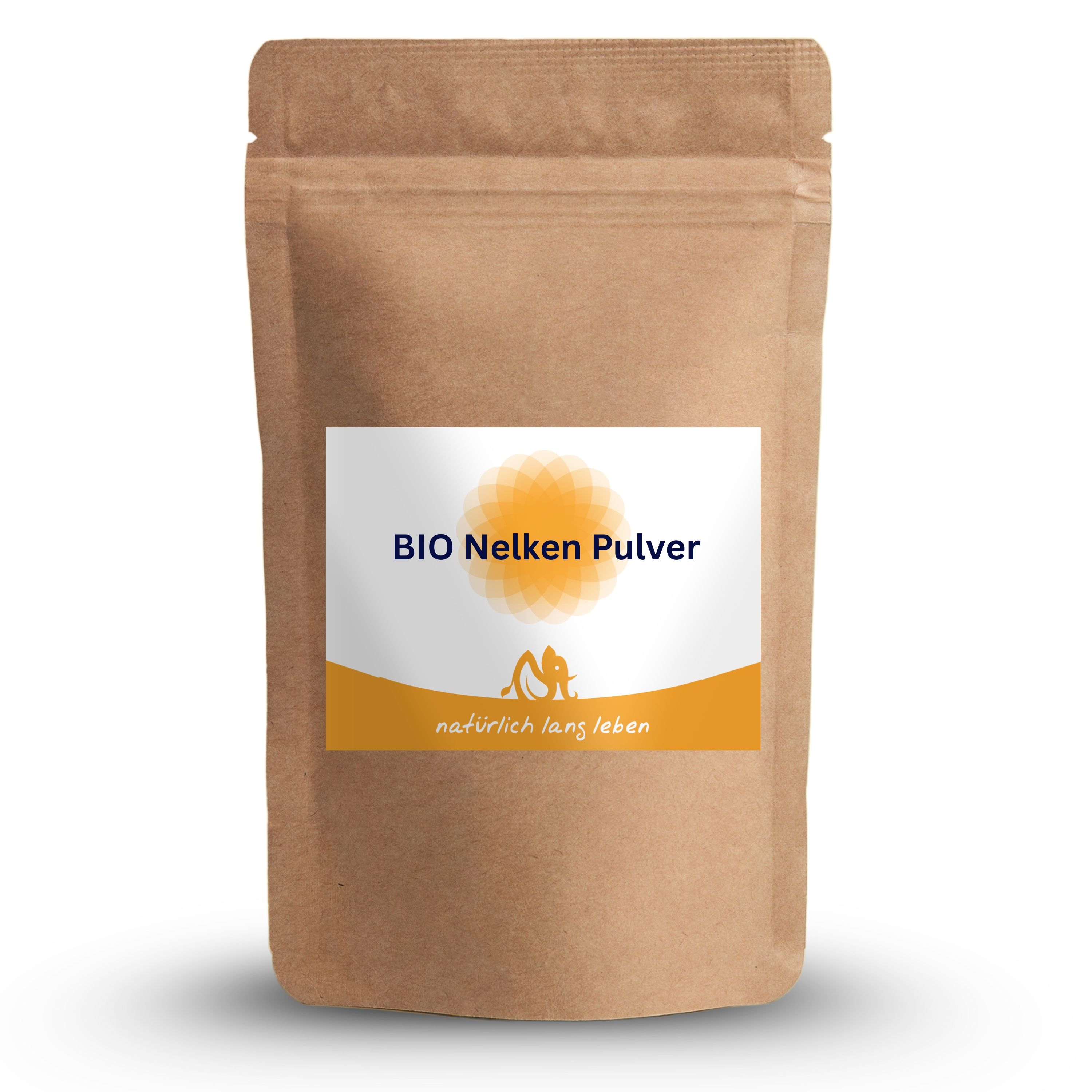Braune Papiertüte mit Etikett. Aufschrift: BIO Nelken Pulver. Logo: Sonne und Figur. Untertitel: natürlich lang leben.