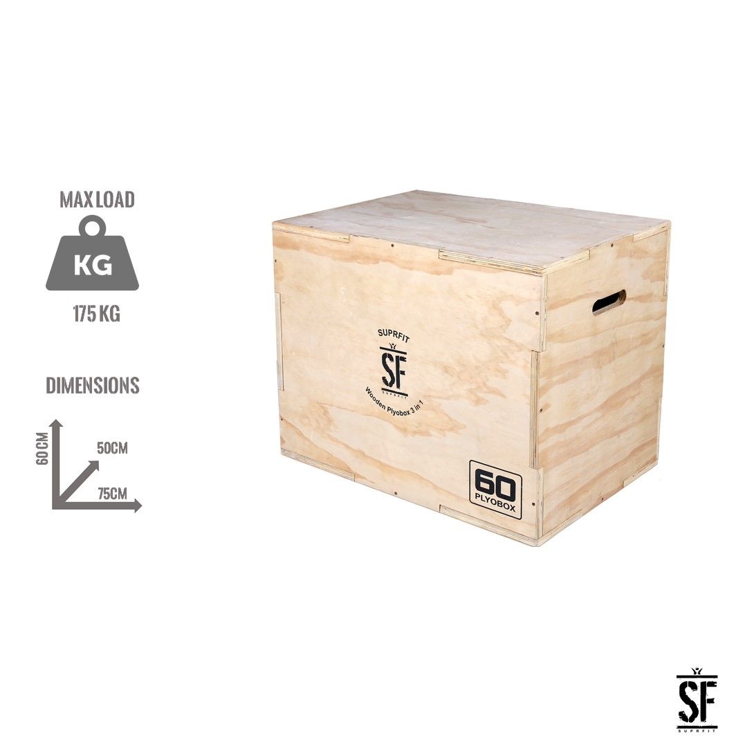 Holz-Plyobox mit Griffen und Aufdruck. Aufschrift: Suprfit, SF, Wooden Plyobox 3 in 1, 60 Plyobox. Max. Belastung 175 kg. Maße: 60x50x75 cm.