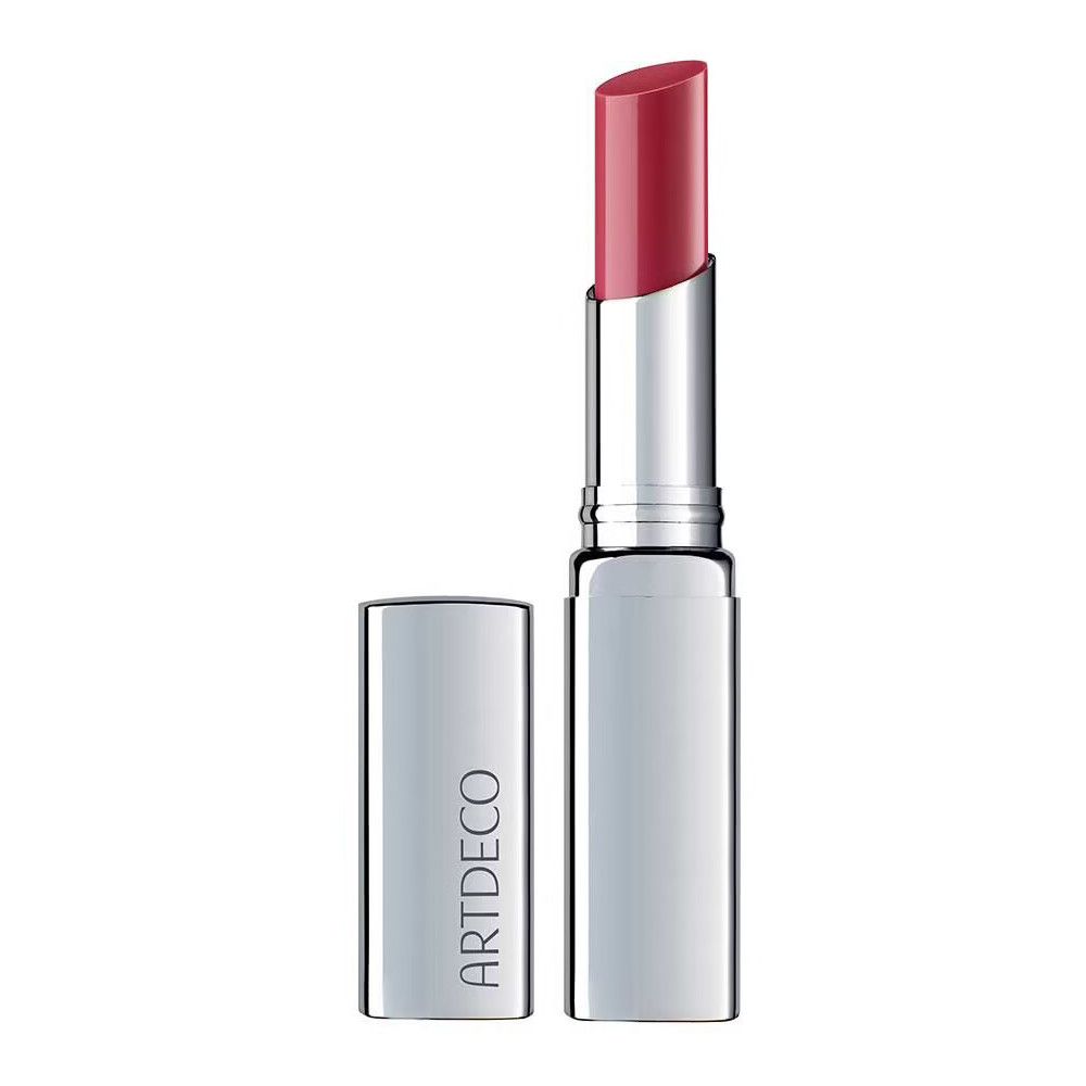 Artdeco Color Booster Lippenbalsam in der Farbe Pink, mit silbernem Gehäuse und geöffnetem Deckel.