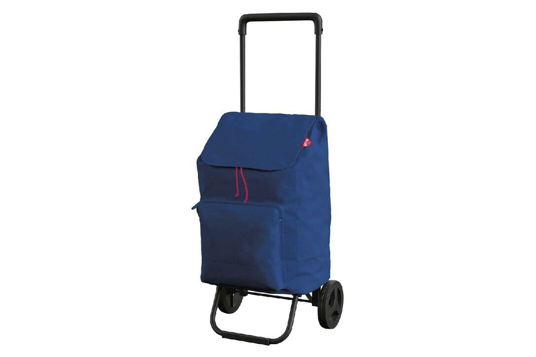 Blauer Einkaufstrolley mit schwarzem Gestell und Rädern. Der Trolley hat einen Deckel mit Kordelzug und eine Vordertasche.