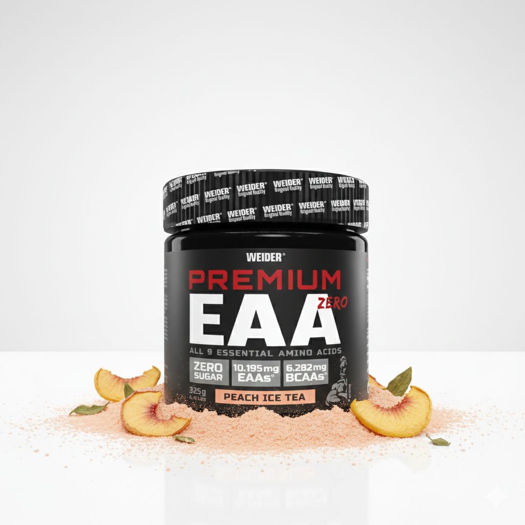 Weider Premium EAA Zero Peach Ice Tea Dose mit Pfirsichstücken und Minze auf Pulver.