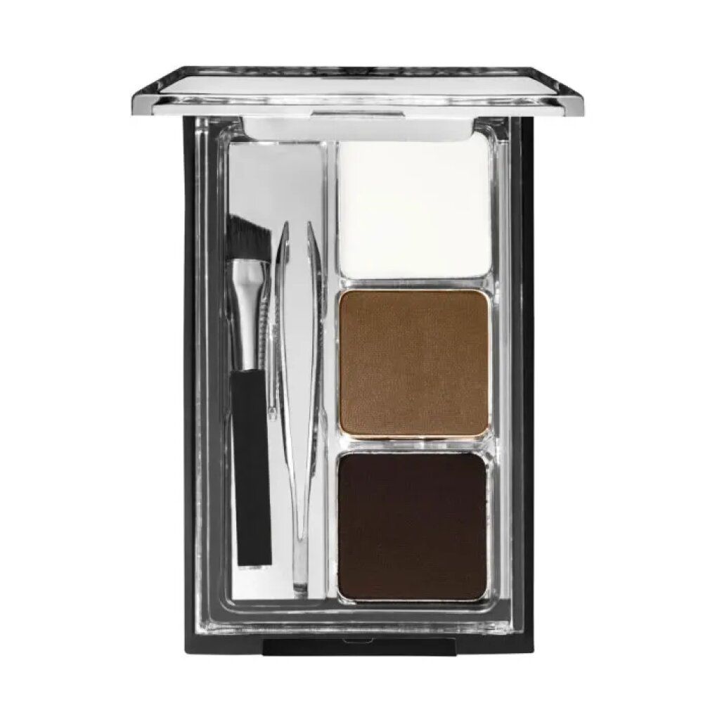 Augenbrauen-Kit mit drei Farbtönen, Pinsel, Pinzette und Applikator. "Wet n Wild Ultimate Brow Kit". Geöffnet.