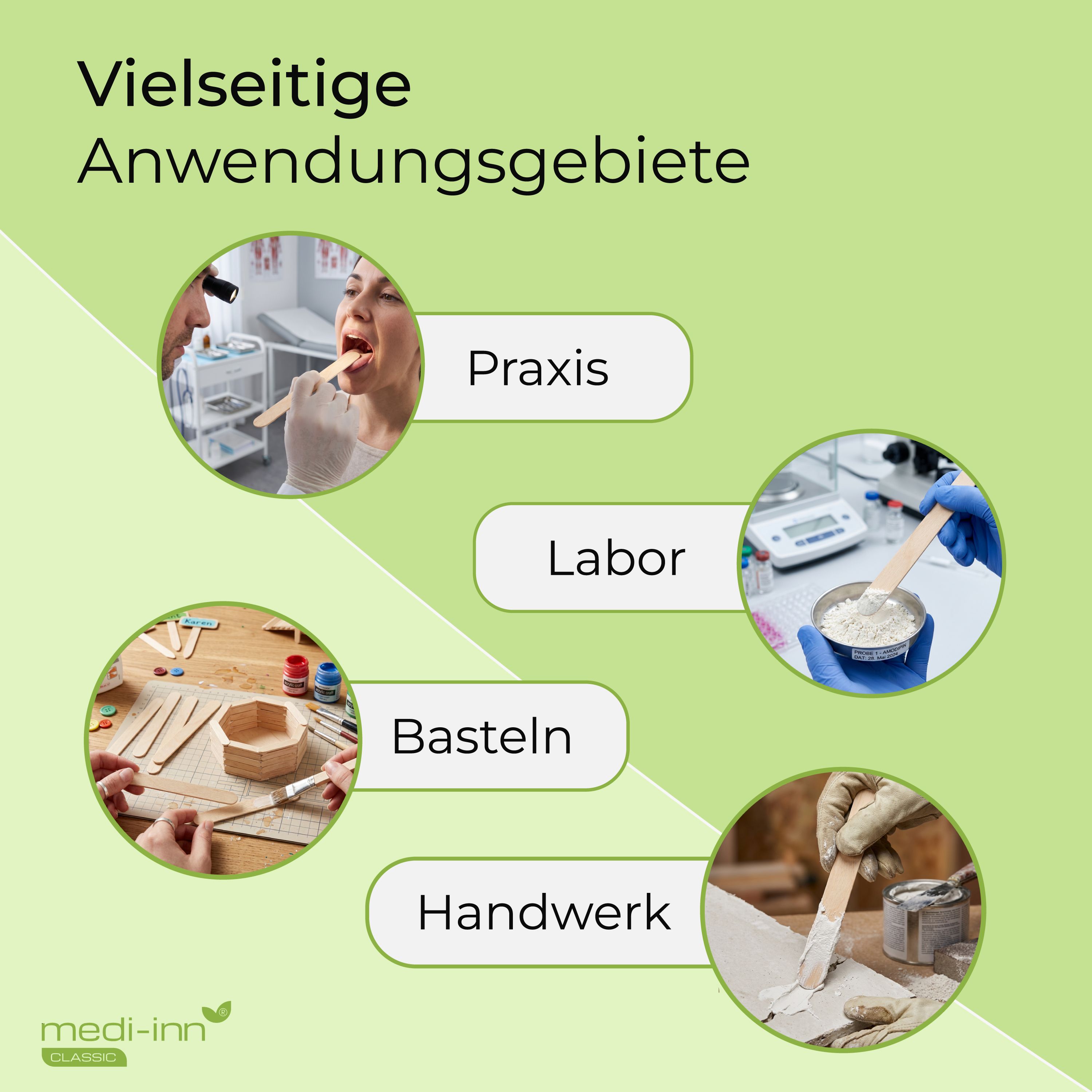 Anwendungsgebiete von Holzmundspateln: Praxis, Labor, Basteln und Handwerk.